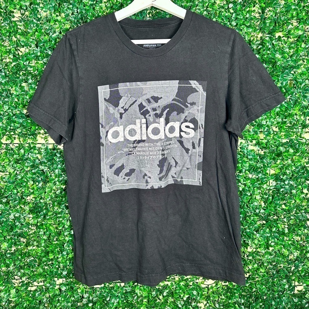 Adidas Logo Amplifier Mens Black Gray White Tee T-Shirt Short Sleeve Size Medium